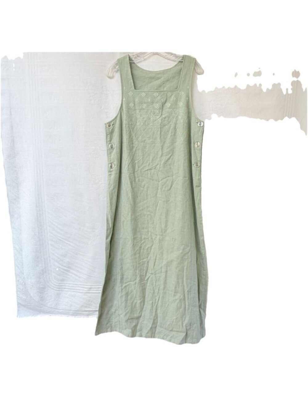 White Stag Womens Medium Linen Dress Solid Light Green Long Medium Overall Boho